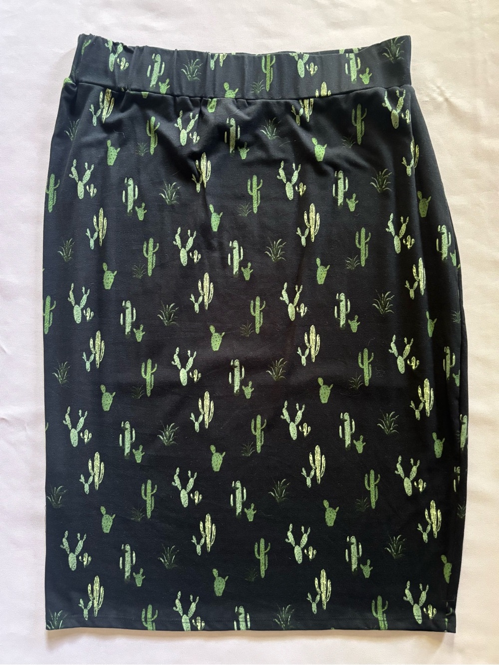 Navy Pencil Skirt with Green Cactus Motif